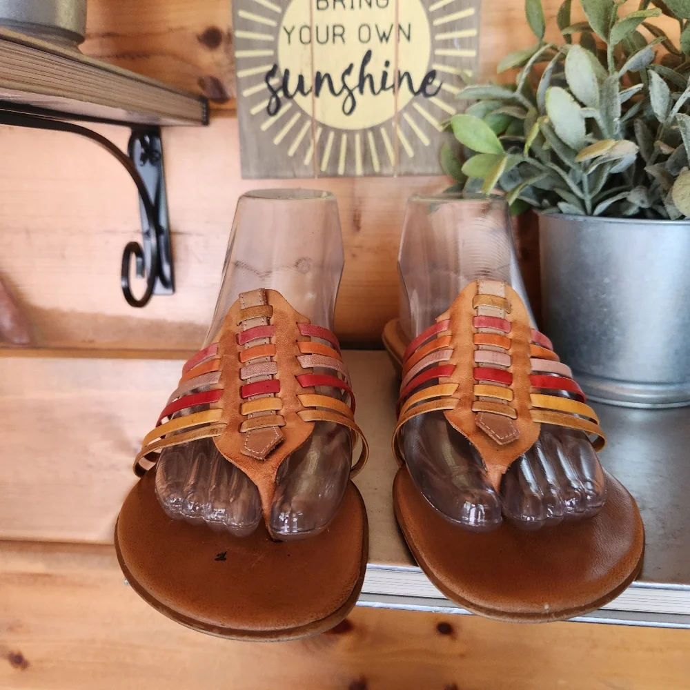 Nickels Soft Leather Tan Heel Strappy Sandals Multi Boho Slide On Shoes Size 7.5